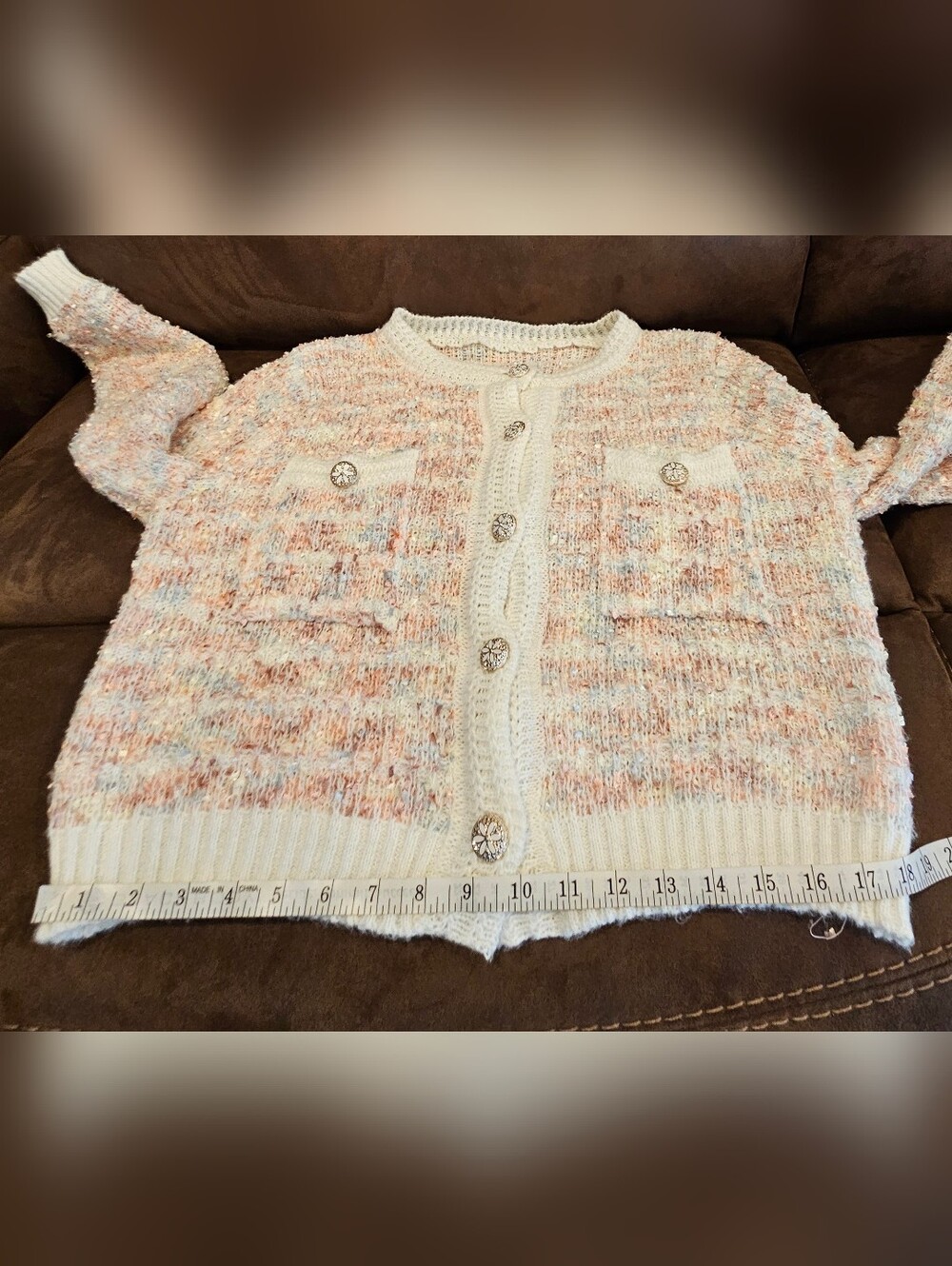 Handmade Women's Cream & Blush Textured Button-Front Cardigan - Picture 3 of 11